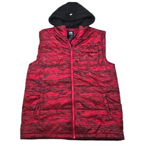 Ecko Unltd Puffer Hoodie Vest Mens Medium Red Black Abstract Print Hooded